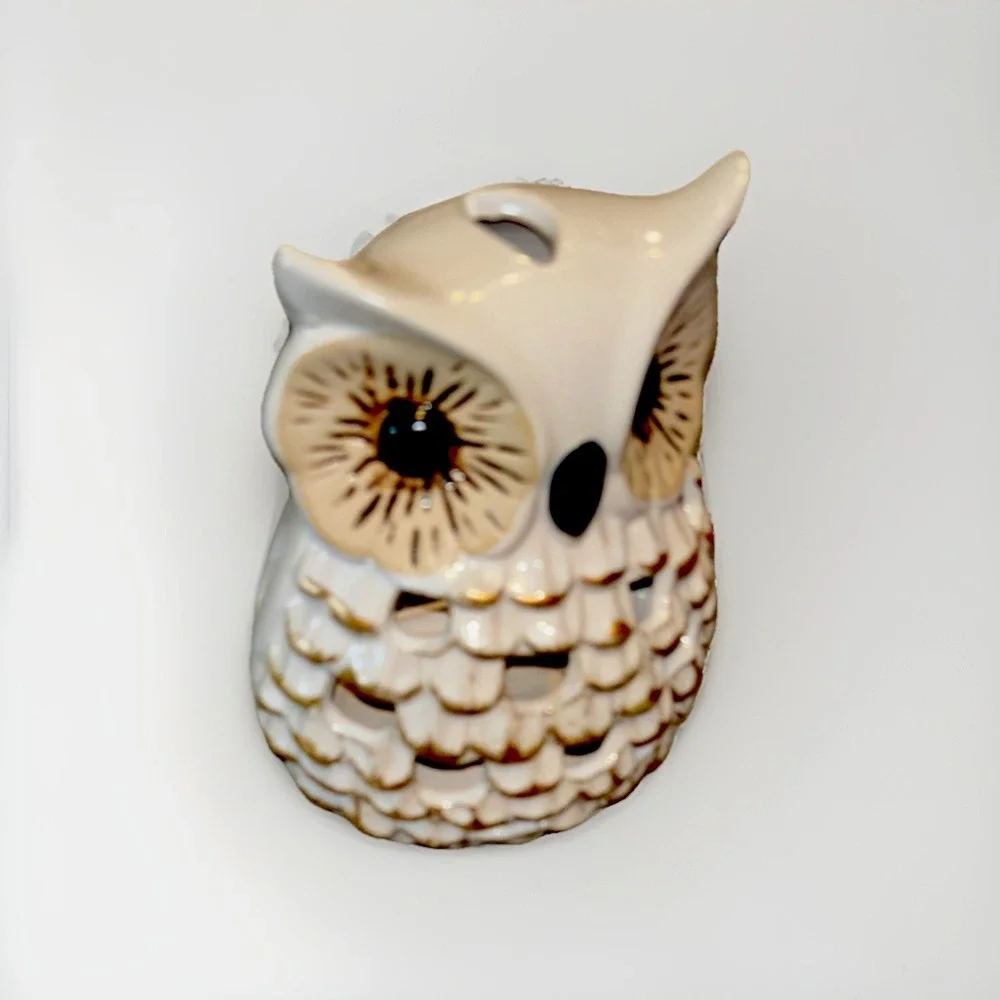 Ceramic Owl Candle Holder White Goldtone 6.75